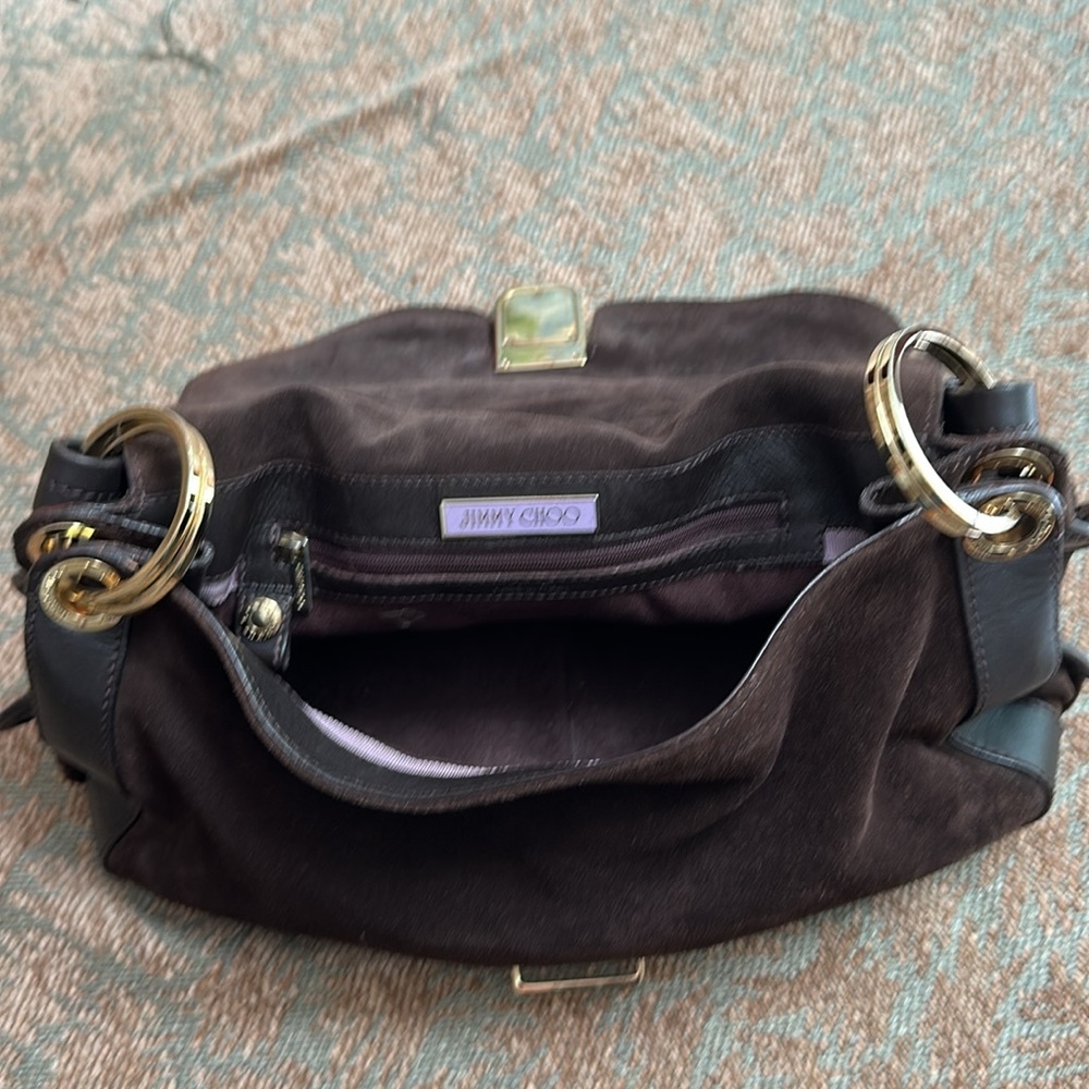 Jimmy Choo Brown Suede Leather Gold hardware Handbag Purse Large - Picture 9 of 9